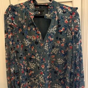 Ann Taylor Floral Ruffle Blouse - Slate Blue with Pink & White Flowers